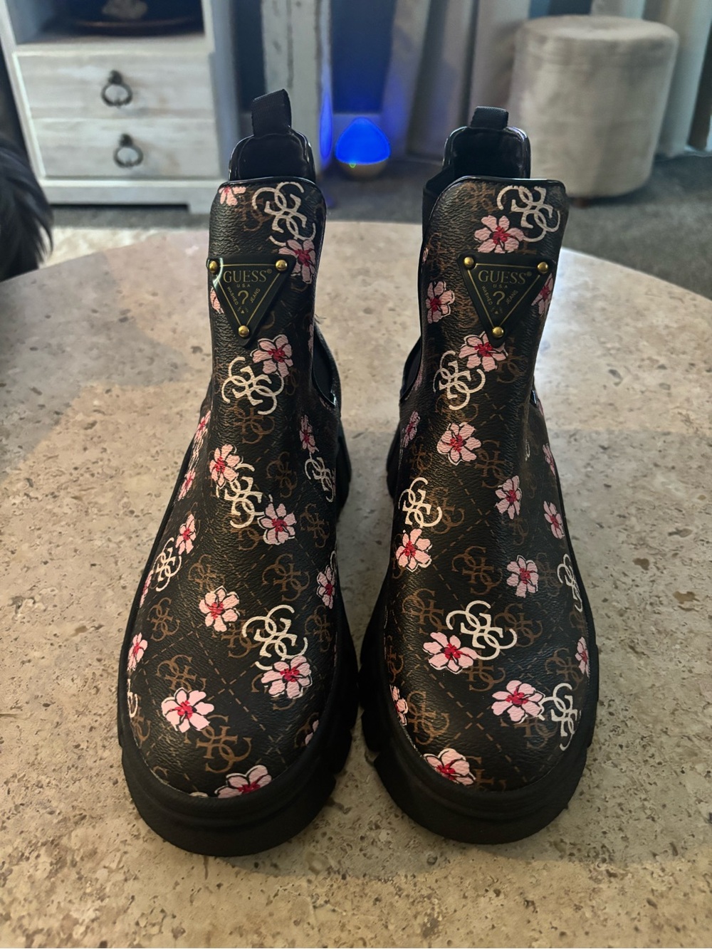 Guess Black Floral Logo Chelsea Booties with Pink Accents